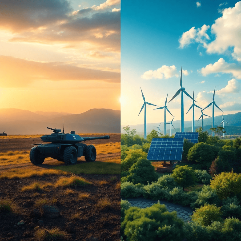 Depicts a choice between war and sustainability