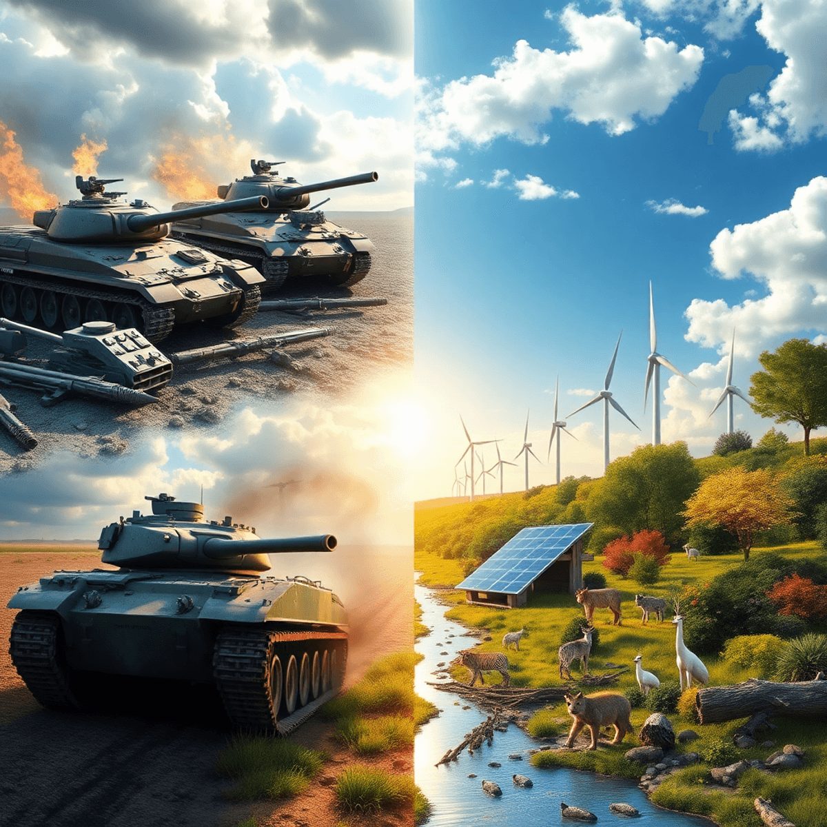 Depicts war on the left side and environmental and sustainable solutions on the right. To show that we do spend money on war that destroys the land but refuse the spend (less) money on what can preserve our home planet